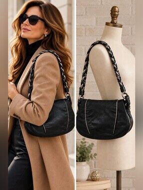 Elliott Lucca Black Leather Shoulder Bag Braided Strap with Metallic Accents